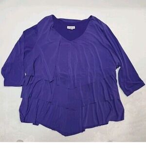 Susan Graver Purple V Neck Long Sleeve Stretch Liquid Knit Tiered Size 3x